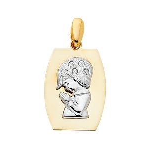 14K Two Tone CZ Religious Praying Boy Pendant